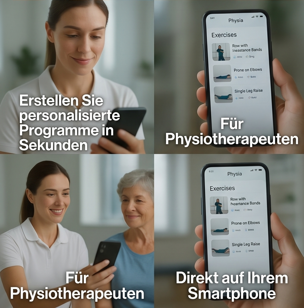 Werden Sie der meistempfohlene Physiotherapeut — Personalisierte Programme in Sekunden erstellen, Patienten täglich motivieren und Fortschritte verfolgen — auf jedem Gerät.