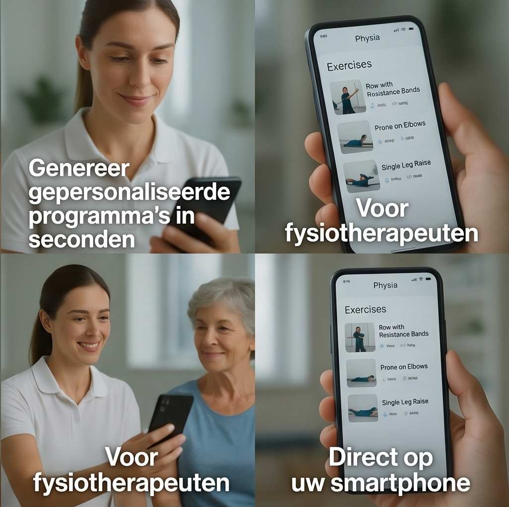 Word de meest aanbevolen kinesitherapeut — Genereer gepersonaliseerde programma’s in seconden, motiveer patiënten dagelijks en volg hun vooruitgang — op elk toestel.