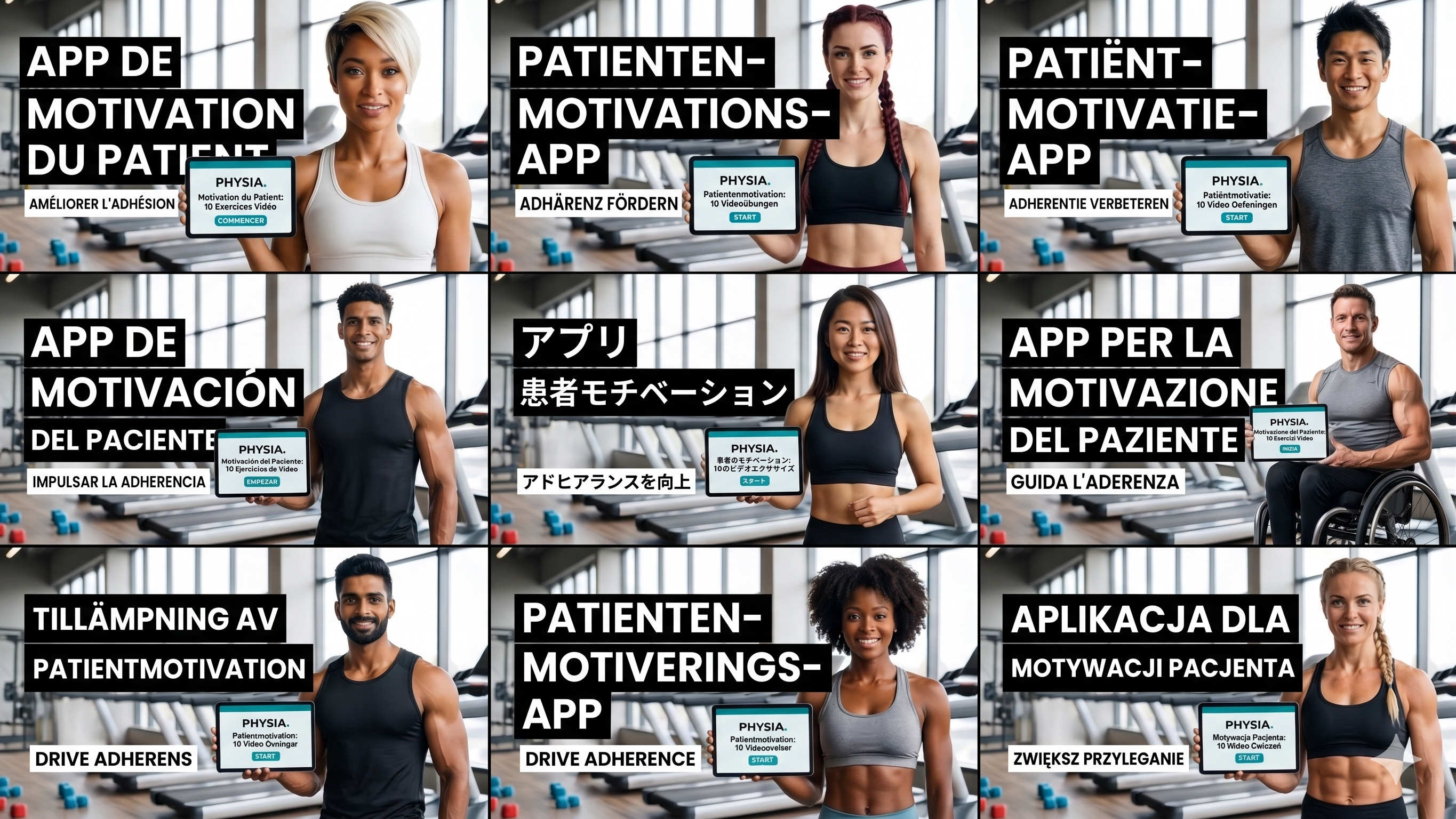 Collage of diverse people in a gym holding tablets showing the Physia patient motivation app — driving exercise adherence.