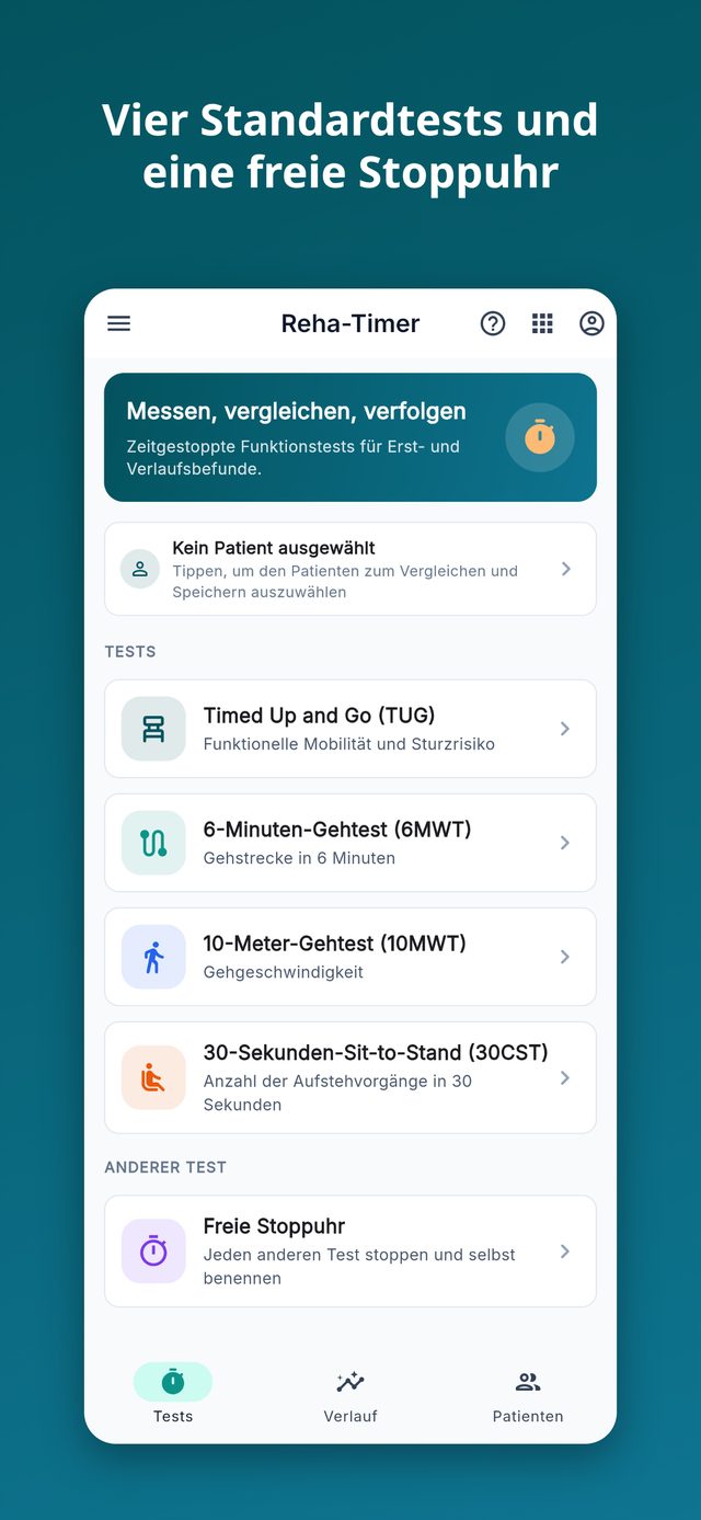 Reha-Timer: vier standardisierte Tests und eine freie Stoppuhr