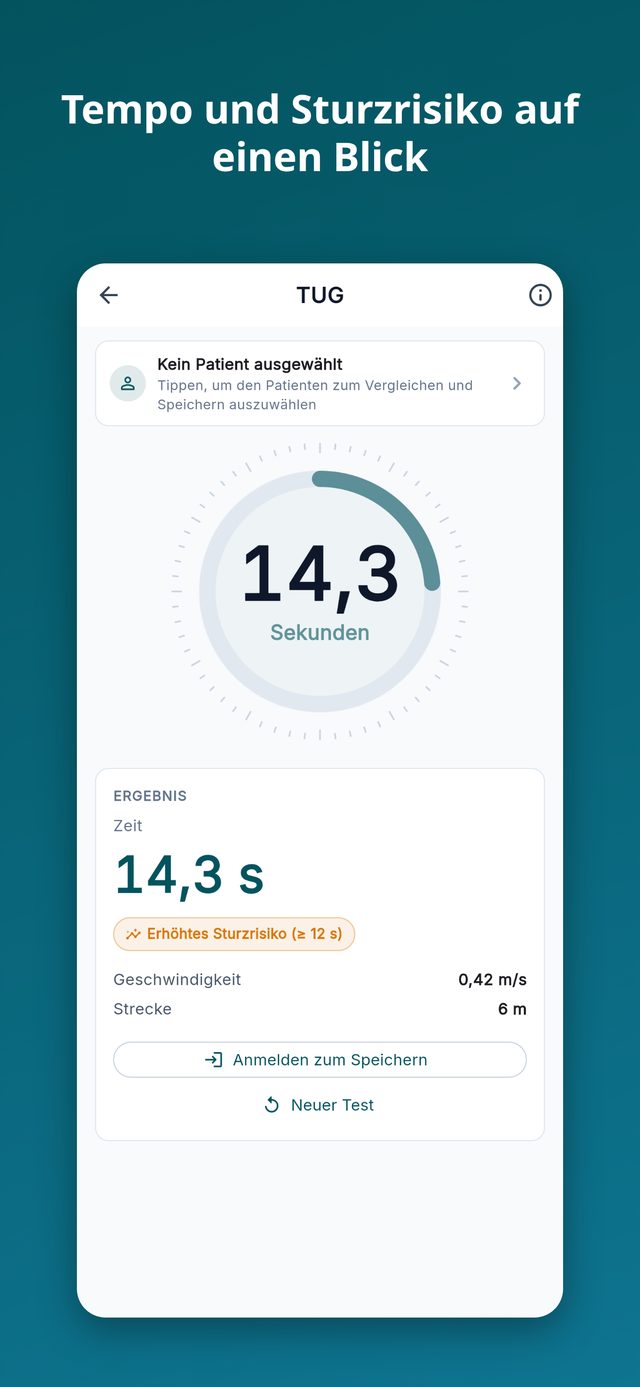 Reha-Timer: TUG-Ergebnis mit Geschwindigkeit und Sturzrisiko