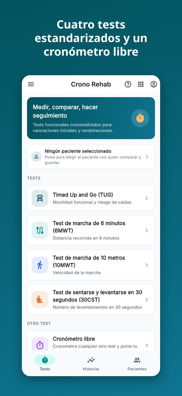 Crono Rehab: cuatro tests estandarizados y un cronómetro libre