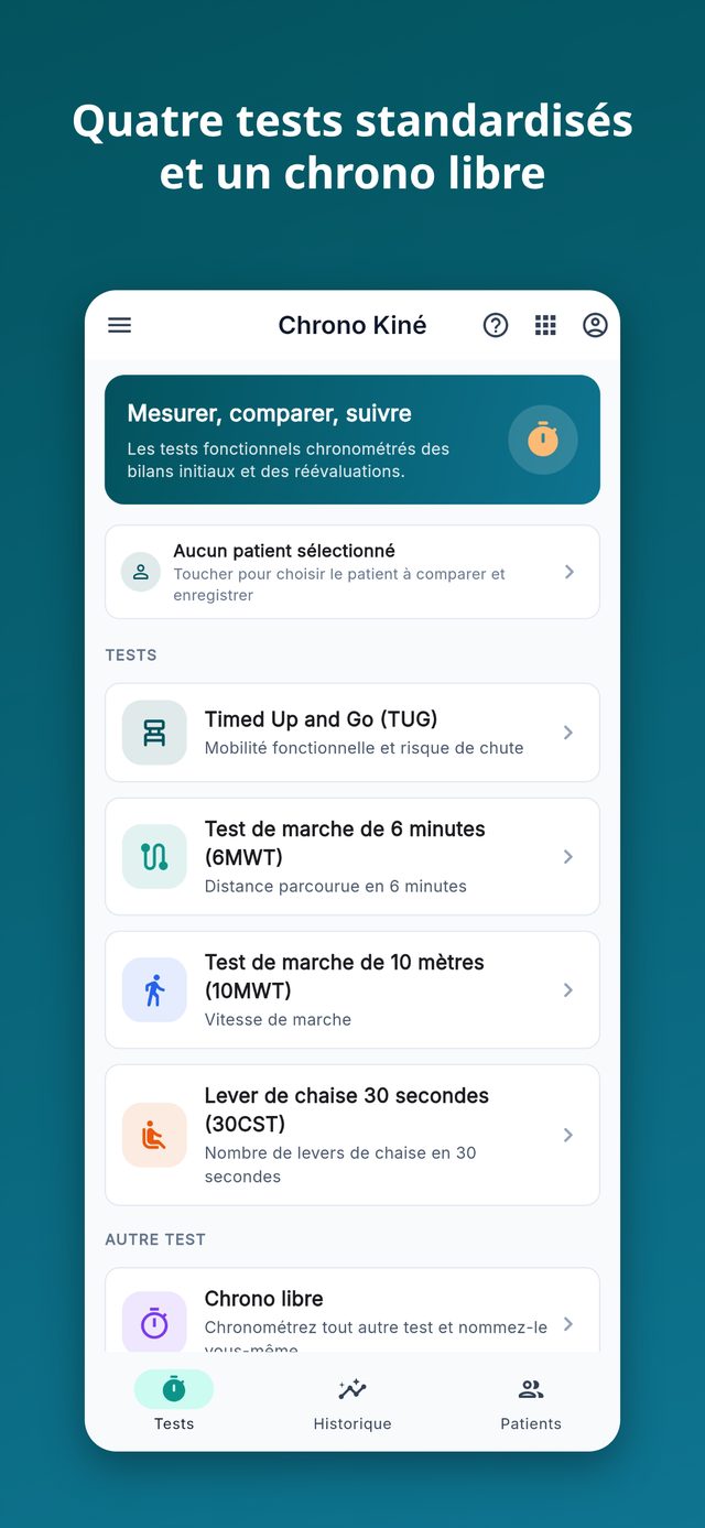 Chrono Kiné : les quatre tests standardisés et le chrono libre