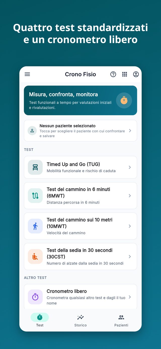 Crono Fisio: quattro test standardizzati e un cronometro libero