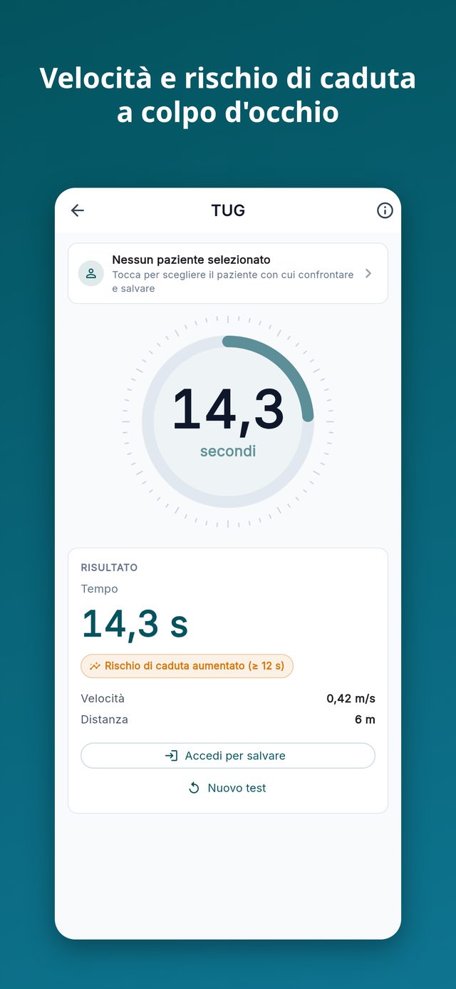 Crono Fisio: risultato del TUG con velocità e rischio di caduta