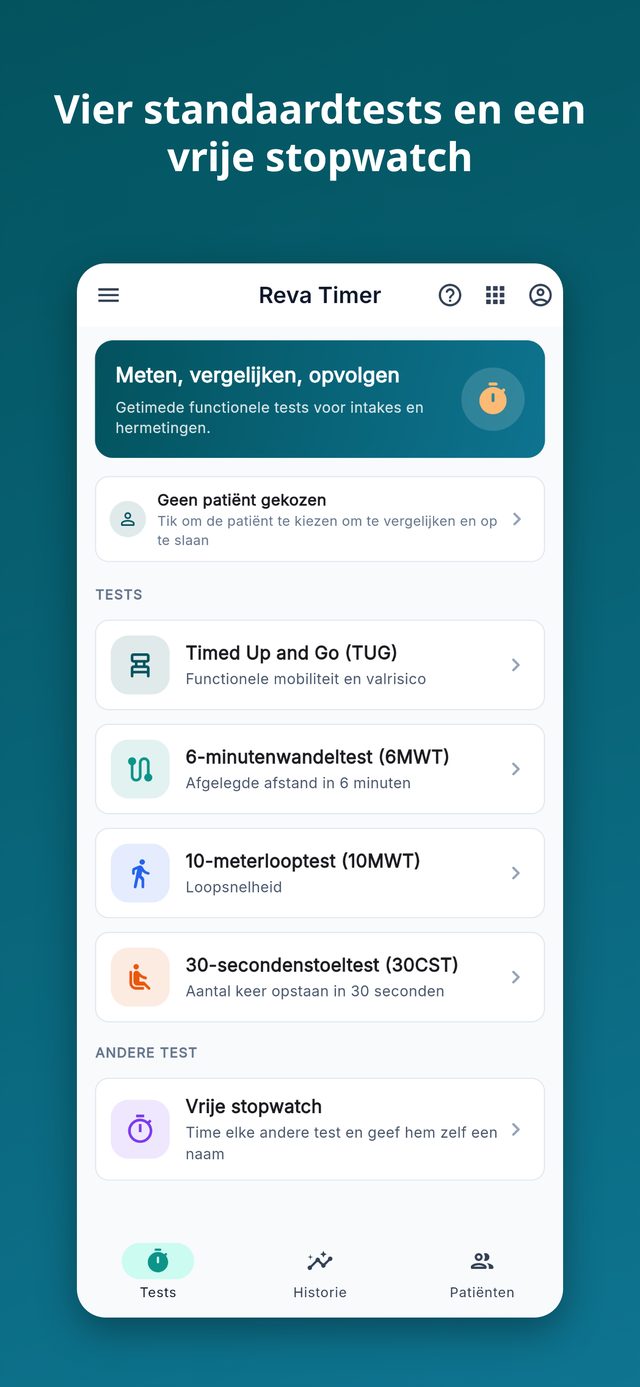 Reva Timer: vier gestandaardiseerde tests en een vrije stopwatch