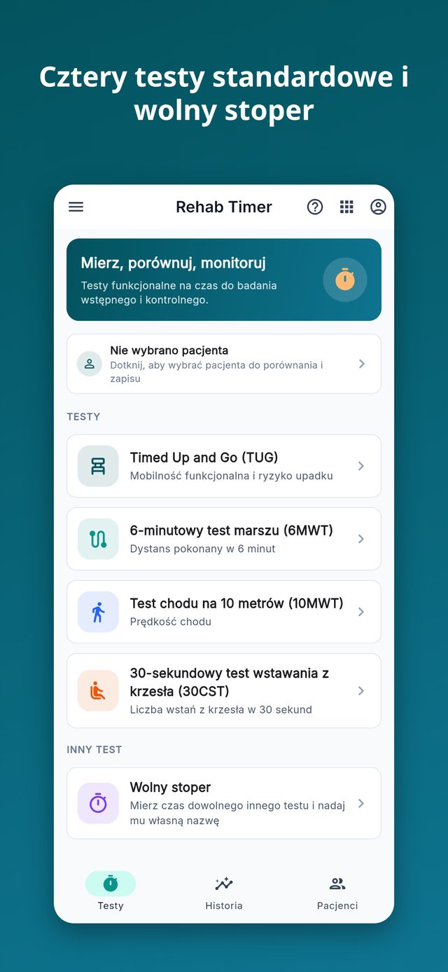 Rehab Timer: cztery standaryzowane testy i wolny stoper