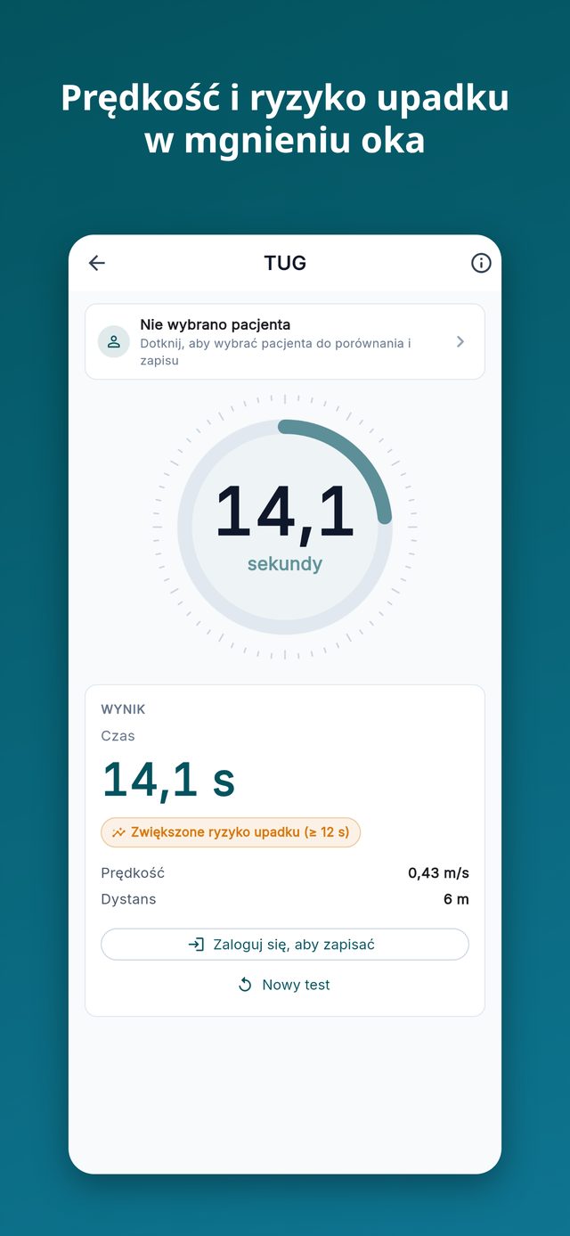 Rehab Timer: wynik TUG z prędkością i ryzykiem upadku