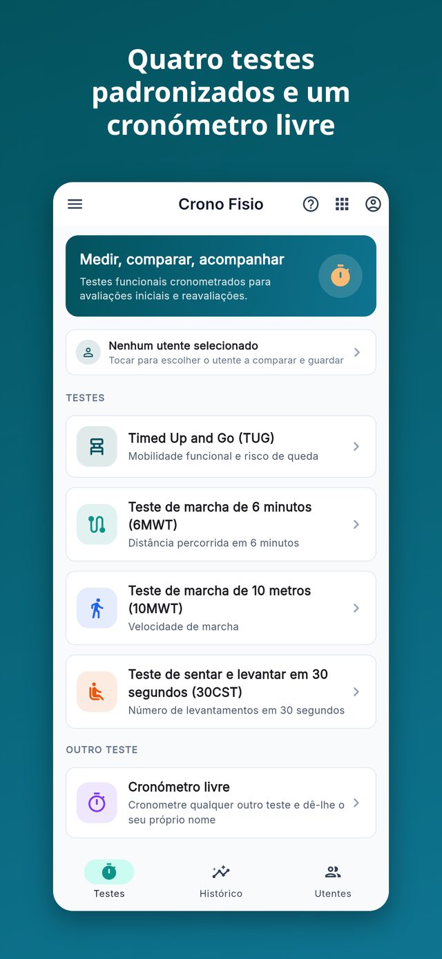 Crono Fisio: quatro testes padronizados e um cronómetro livre